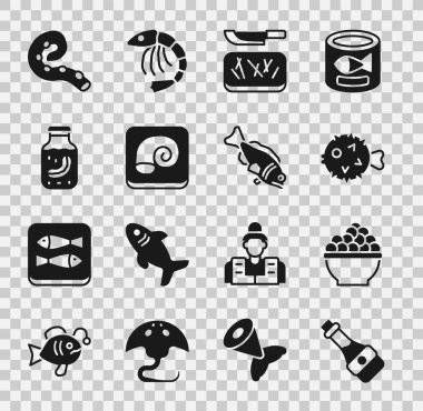 Soya sosu şişesi, havyar, balık kirpi, kesme tahtası ve bıçak, tabakta ahtapot, dokunaç ve ikon dolu deniz hıyarı kavanozu. Vektör