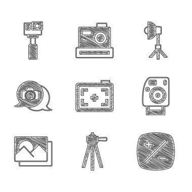 Fotoğraf makinesi, Tripod, pozlama tazminatı, çerçeve, Softbox ışığı ve Eylem simgesi ayarla. Vektör