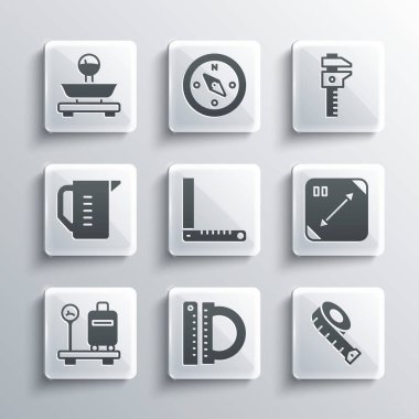 Protektör ve cetvel, ölçüm bandı, çapraz ölçüm, köşe, bavul, kap, ölçek, ölçek ve Calliper kalibre simgesi ile ölçek ayarla. Vektör