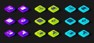 Bavul, dijital termometre, rota konumu, akıllı saat, ölçüm kabı ve Multimetre, voltmetre ikonu ile ölçeklendir. Vektör