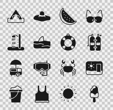 Dondurma, seyahat kartı, Aqualung, karpuz, okyanus dalgasında köpekbalığı yüzgeci, sahil duşu, turist çadırı ve Lifebuoy ikonu. Vektör