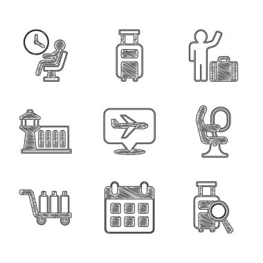 Uçak, takvim ve uçak, kayıp bagaj, uçak koltuğu, Trolley, havaalanı kontrol kulesi, bavullu turist ve havaalanı terminalinde bekleyen insan. Vektör