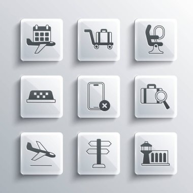 Trafik levhası, havaalanı kontrol kulesi, kayıp bagaj, cep telefonu yok, uçak inişi, taksi arabası çatısı, takvim uçağı ve uçak koltuğu ikonu. Vektör