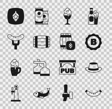 Sosis, Oktoberfest şapkası, bira ile şişe kapağı, tahta fıçı, çatal üzerinde, Hop ve ikon. Vektör