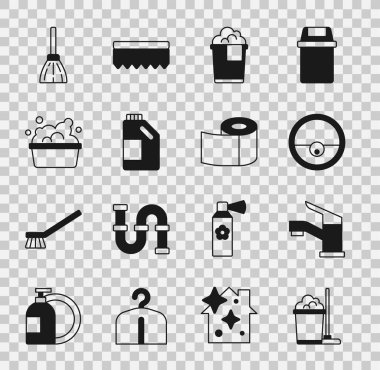 Paspas ve kova, su musluğu, robot elektrikli süpürge köpüklü kova, temizlik deterjanı için şişe sabun köpüğü, süpürge sapı ve tuvalet kağıdı rulo ikonu. Vektör