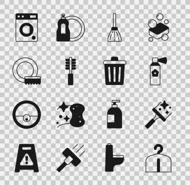 Askı dolabını, cam temizleyicisini, oda spreyi şişesini, süpürgeyi, tuvalet fırçasını, bulaşık makinesini, bulaşık makinesini ve çöp tenekesini hazırla. Vektör