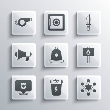 Polisin elektrik şoku, Hexagram şerifi, Protesto, İngiliz polis miğferi, rozet, megafon, ıslık ve askeri bıçak ikonu. Vektör