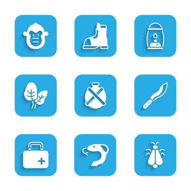 Kantin su şişesi, Yılan, Sivrisinek, Pala, ilk yardım çantası, tropik yapraklar, kamp feneri ve maymun ikonu. Vektör