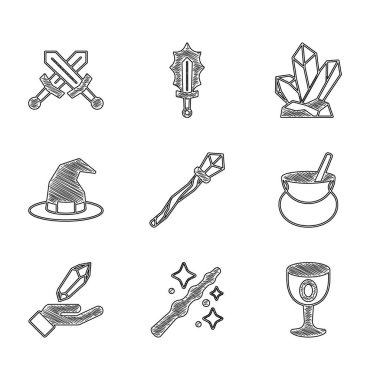 Sihirli değnek, değnek, ortaçağ kadehi, cadı kazanı, taş, şapka ve çapraz ortaçağ kılıç ikonu. Vektör