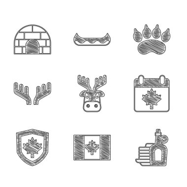 Boynuzlu geyik kafası, Kanada bayrağı, şurup krepleri, akçaağaç yaprağı, kalkanda bayrak, Ayı pençesi ayak izi ve Igloo buz evi ikonu. Vektör