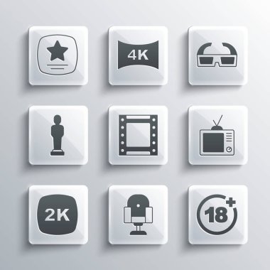 Set Yönetmeni Koltuğu, + 18, Retro TV, Play video, 2k Ultra HD, Film ödülü, Şöhret Yolu yıldızı ve 3D sinema gözlüğü ikonu. Vektör