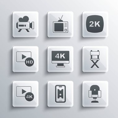 Satın al sinema biletini çevrimiçi, yönetmen koltuğu, ekran TV ile 4K, HD film, bant, çerçeve, Retro kamera ve 2k Ultra HD ikonu. Vektör