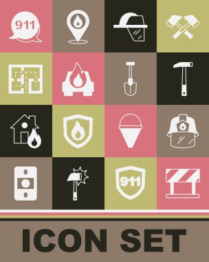 Yol bariyeri, itfaiyeci kaskı, balta, yanan araba, tahliye planı, 911 'i arayın ve ikonu temizleyin. Vektör