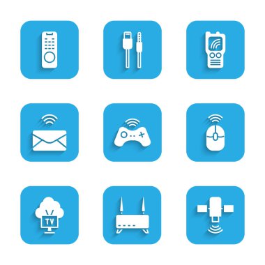 Kablosuz oyun sahası, Router ve wi-fi sinyali, uydu, bilgisayar faresi, Smart Tv, e-posta, telsiz ve uzaktan kontrol simgesini ayarlayın. Vektör