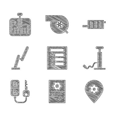 Araç denetimini ayarla, otomatik kontrol otomobili, konumu araba, hava pompası, uzaktan kumanda, silecek, egzoz susturucusu ve vites kutusu simgesi. Vektör