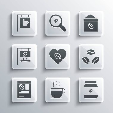 Kahve fincanı, kavanoz şişesi, fasulye, aşıklar, gazete ve kahve, sokak tabelası ve torba ikonu. Vektör