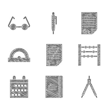 Sınav kağıdını yanlış cevaplarla ayarla, Spiral not defteri, Çizim pusulası, Abaküs, Takvim, Koruyucu, sayfa, artı not ve Gözlük simgesi. Vektör