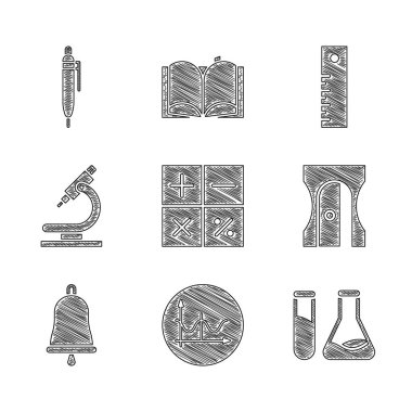 Hesap makinesini, grafiği, grafiği, şemayı, test tüpünü ve matarayı, kalem açacağını, çanı, mikroskobu, cetveli ve simgeyi ayarla. Vektör