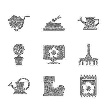 Çiçekli konum, su geçirmez lastik bot, tam tohum bitkisi, bahçe tırmığı, su kovası, çiçek saksısı ve el arabası toprak ikonu. Vektör