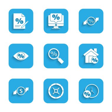 Büyüteci yüzde, Güvenlik, Saat ve House indirimi, Finansal büyüme doları, Göz, İndirim etiketi ve Mali Belge ikonu ile ayarla. Vektör