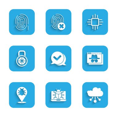 Konuşma balonunda denetim işaretini ayarla, sistem hatası monitörde, şeylerin interneti, tarayıcı kılık değiştirme penceresi, güvenli şifreli kilit, işlemci ve parmak izi simgesi olan işlemci. Vektör