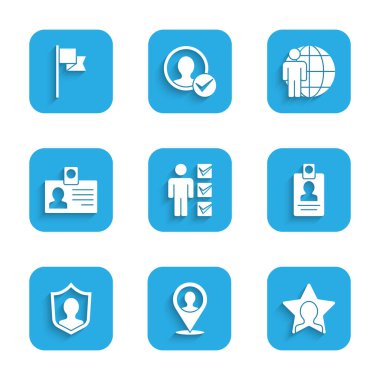 Takım elbiseli bir adam, yanında biri, kafa avcılığı, kimlik kartı, koruma ve işaret simgesi olan bir yer ayarla. Vektör