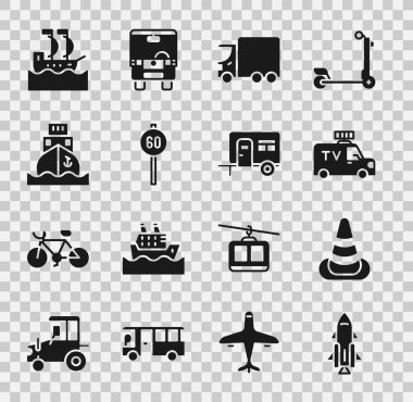 Roket gemisini yangın, trafik konisi, TV haber aracı, teslimat kargo kamyonu, hız limitli trafik, kargo, yelkenli ve karavan kampı ikonu ile ayarlayın. Vektör