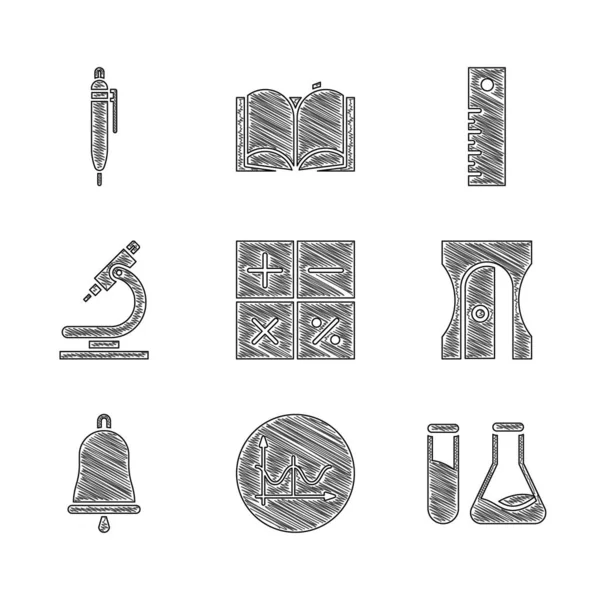 Hesap makinesini, grafiği, grafiği, şemayı, test tüpünü ve matarayı, kalem açacağını, çanı, mikroskobu, cetveli ve simgeyi ayarla. Vektör