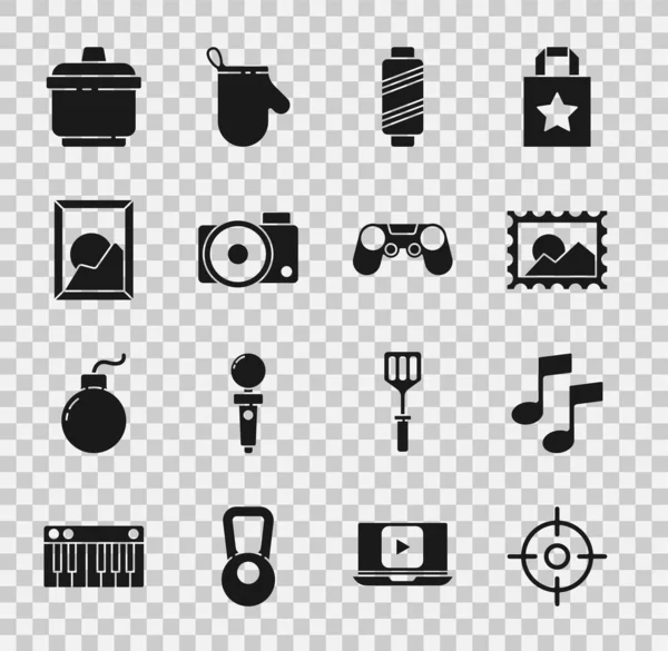 Set Doelsport, Muzieknoot, toon, Postzegel, Naaigarens spoel, Fotocamera, Fotolandschap, Kookpot en Gamepad icoon. Vector — Stockvector