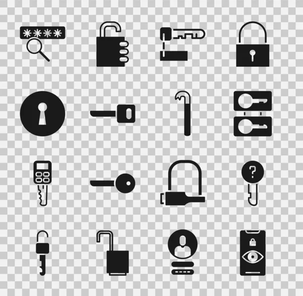 Set Eye scan, Undefined key, Casting keys, Marked, Key, Keyhole, Passwortschutz und Brechstange icon. Vektor — Stockvektor