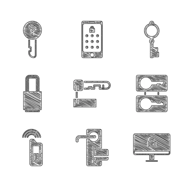 Markerad nyckel, Digitalt dörrlås, Lås på datorskärm, Gjutnycklar, Bil med fjärrkontroll, Gammal och Odefinierad ikon. Vektor — Stock vektor
