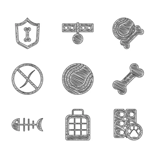 Set Tennisball, Tiertragetasche, Hundepille, Knochen, Fischskelett, Anti-Würmer-Parasit, Spielzeug Gummi und Tierversicherungs-Symbol. Vektor — Stockvektor