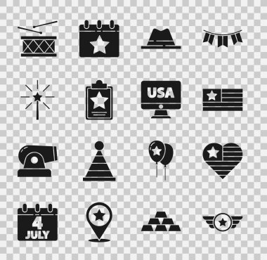 Yıldız Amerikan ordusu, Amerikan Bağımsızlık Günü, bayrak, kurdeleli adam şapkası, havai fişek, davul ve baget ve monitör ikonu. Vektör