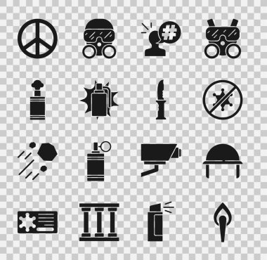 Meşale alevi, askeri miğfer, protesto, el bombası, barış ve bıçak ikonu. Vektör