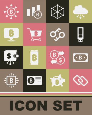 Zincir bağlantısı, kripto para birimi bitcoin, USB flash disk, engelleme zinciri teknolojisi, alışveriş arabası, Bitcoin ve anahtar simgesi. Vektör