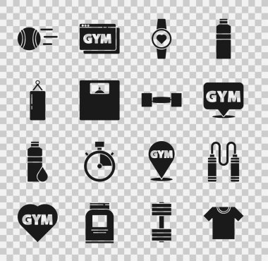Tişört, ip atlama, spor salonu, spor salonu, Smartwatch, banyo terazisi, kum torbası, tenis topu ve Dumbbell ikonu. Vektör