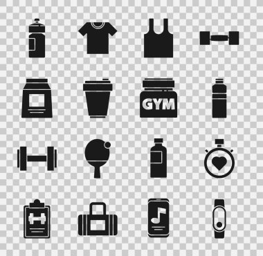 Smartwatch, Heart in the center kronometre, fitness shake, kolsuz tişört, spor beslenme ve ikon. Vektör