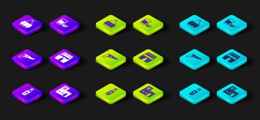 Tabasco sosu, Meksika evi, Revolver silahı, Huehuetl, limon ve şişe ikonlu tekila bardağı. Vektör