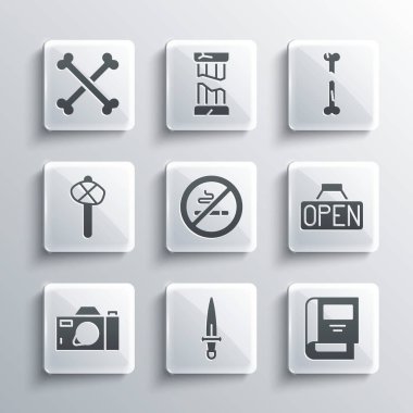 Hançer, Tarih kitabı, Açık Asılan İşaret, Sigara İçilmez, Fotoğraf Makinesi, Taş Devri Çekici, Çapraz İnsan Kemikleri ve Kırık İnsan Simgesi. Vektör