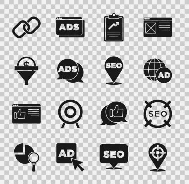 Hedef sporu, SEO optimizasyonu, Reklamcılık, Grafik grafikli pano, Öncü yönetim, Zincir bağlantısı ve simgesi ayarlayın. Vektör