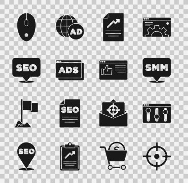 Hedef spor, Tarayıcı ayarı, Sosyal medya pazarlaması, grafik grafikli belge, Reklam, SEO optimizasyonu, Bilgisayar faresi ve pencere simgesi ayarlayın. Vektör