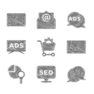 Alış veriş seti, SEO optimizasyonu, müşteri ürün değerlendirmesi, tarayıcı penceresi, büyüteç ve analiz, reklam ve simge. Vektör