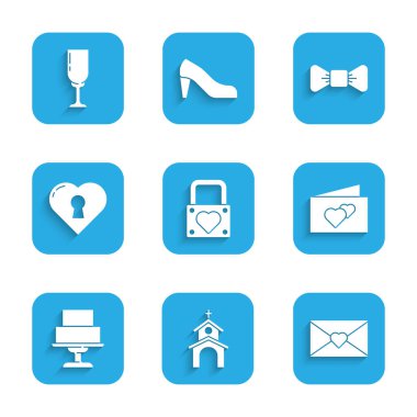 Set Lock and heart, Church Building, Envelope with Valentine, Greeting card, Wedding cake, Heart Keyhole, Bow kravatlı ve şampanya ikonu. Vektör