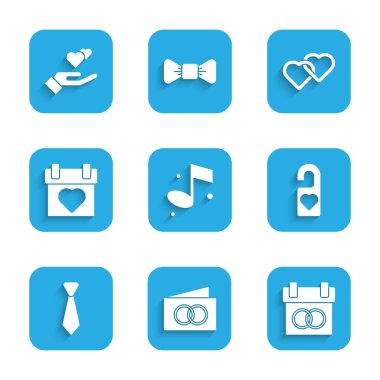 Müzik notası, tebrik kartı, takvim lütfen rahatsız et, kravat, iki birbirine bağlı kalp ve el simgesi. Vektör