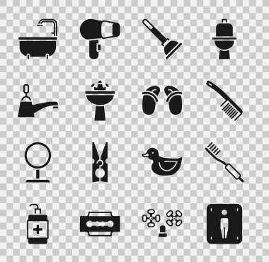 Erkek tuvaleti, diş fırçası, saç fırçası, plastik lavabo pompası, su musluğu, su, küvet ve parmak arası terlik ikonu. Vektör