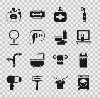 Çamaşır makinesi, çöp tenekesi, leğen aynası, parfüm, duş, yuvarlak makyaj, sabun ve klozet ikonu. Vektör