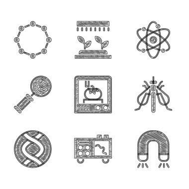 3D baskı teknolojisi, spektrometre, mıknatıs, deneysel böcek, DNA sembolü, mikroorganizmaları büyüteç, atom ve kimyasal formül simgesi altında ayarla. Vektör