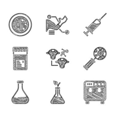Klonlama, Bitki Yetiştirme, Biyoloji Kutusu, DNA araştırması, arama, test tüpü ve matara, katkı maddeli kavanoz, şırınga ve Petri kabı ikonu. Vektör