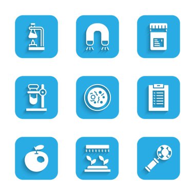 Petri kabını bakteri, otomatik sulama fıskiyeleri, DNA araştırmaları, araştırma, klinik kayıt, genetik olarak değiştirilmiş elma, deney tüpü standı, kavanoz katkı maddeleri ve ateş ikonu ile ayarla. Vektör