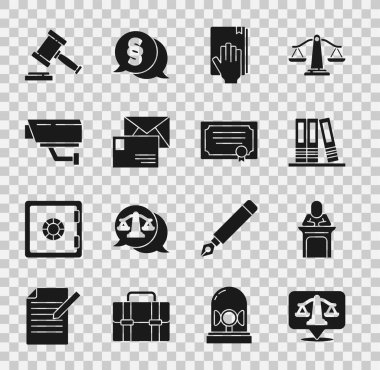 Adalet, Yargıç, Büro dosyaları, İncil, Zarf, güvenlik kamerası, tokmak ve sertifika şablon ikonu üzerine yemin. Vektör